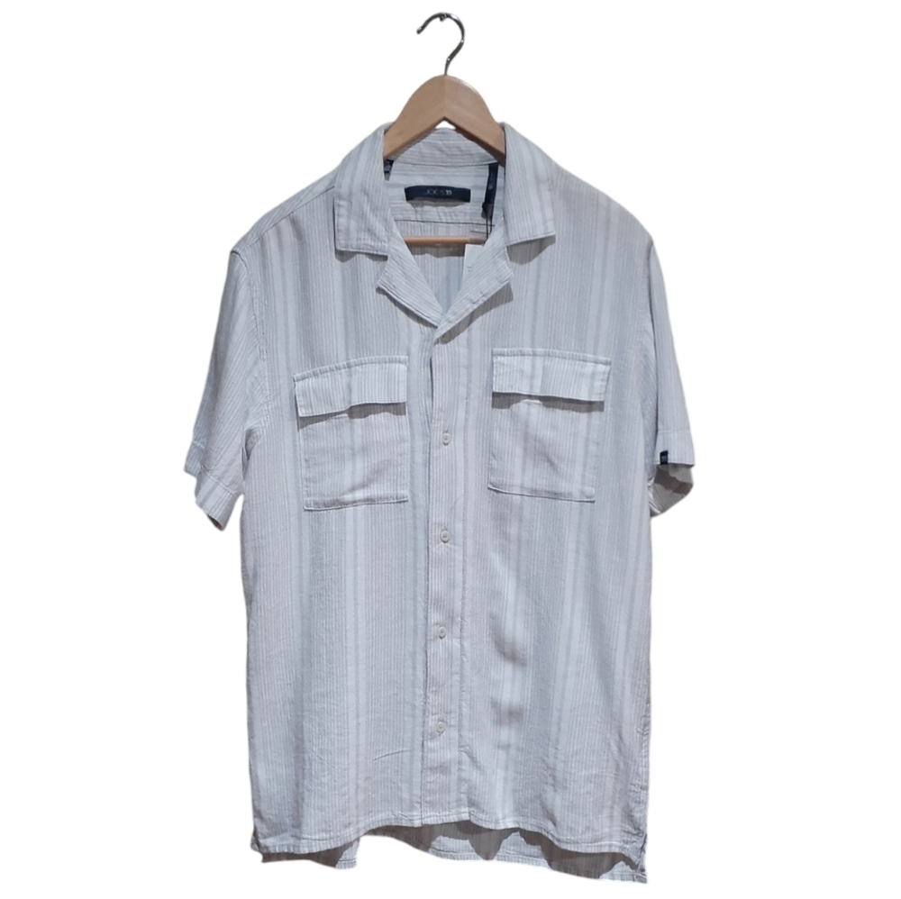 Joe's Jeans Men's Stulio Linen Short Sleeve Button-down Shirt Stripe Beige Med
